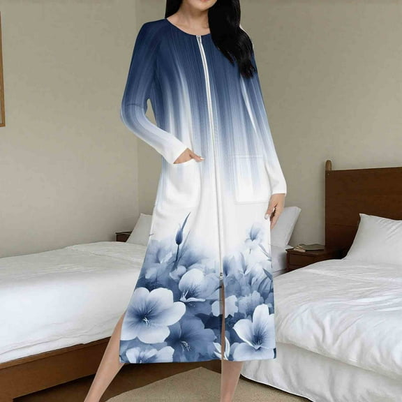 Fewfanhot Women's Floral Robe, Long Sleeve Ankle-Length Zipper Front Satin Bathrobes Sleepwear Loungewear with Pockets