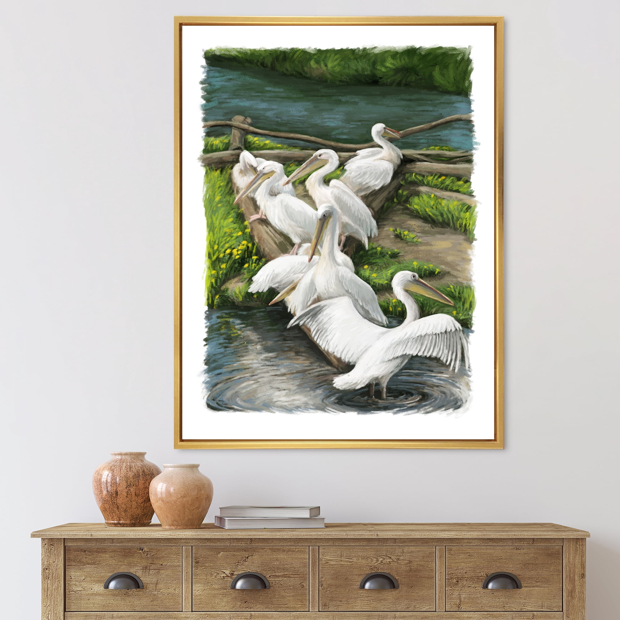 Pelicans Resting Near The river Water 20 in x 12 in Framed Painting Canvas Art Print, by Designart