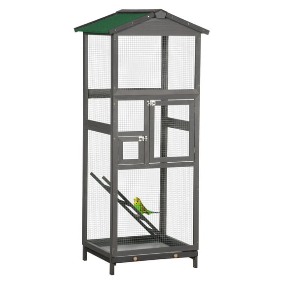 65" Wooden Cage Outdoor Aviary House for Parrot, Parakeet, with Pull Out Tray and 2 Doors, Grey