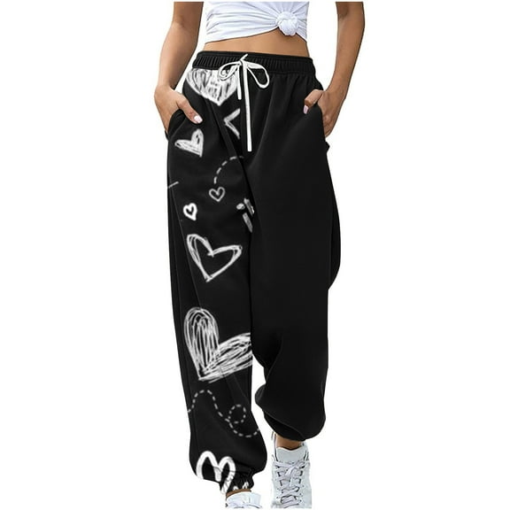 Summer Saving Clearance AXXD Women Cargo Pants Black Spring Workout Pocket Loose Sports Drawstring Valentine's Day Printed Pants