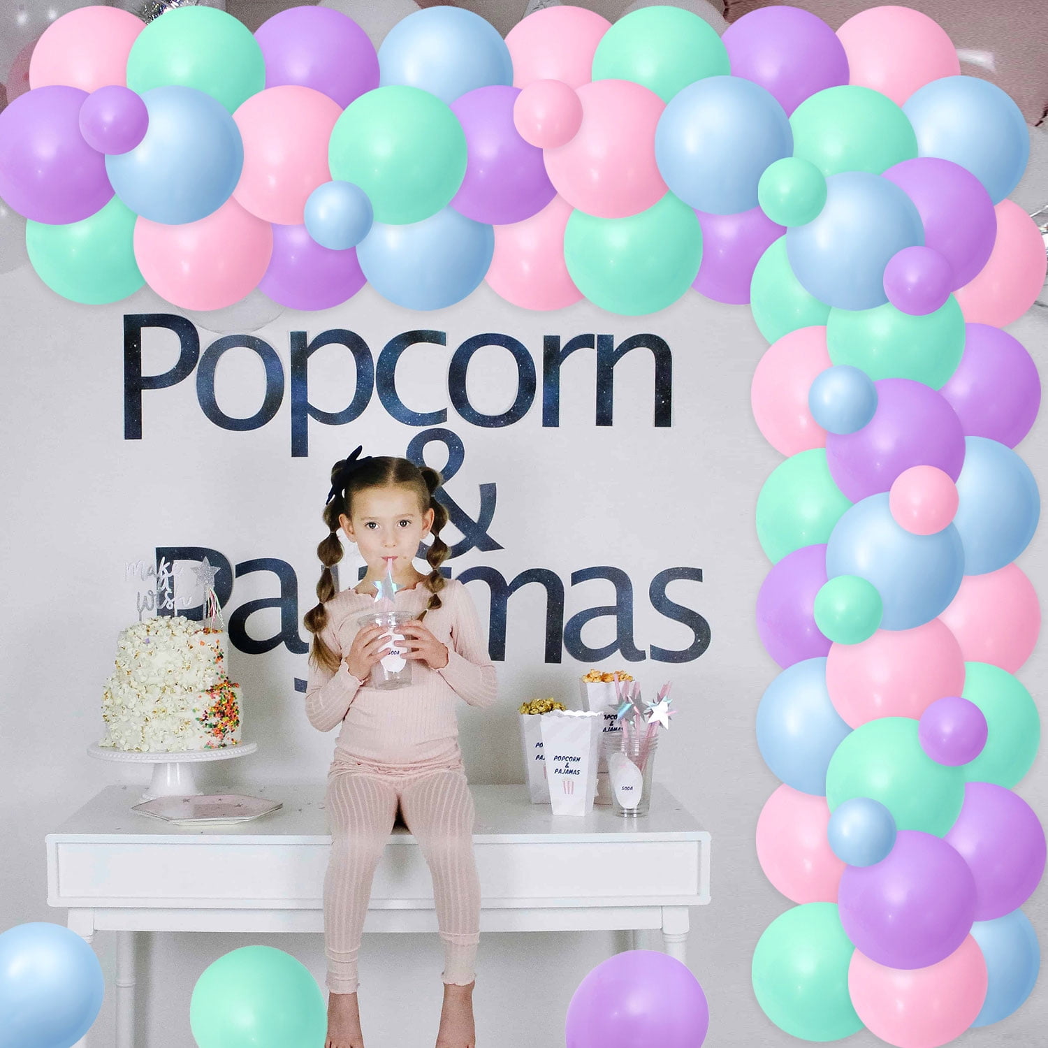Tie Dye Movie Night Birthday Balloon Arch Kit with Movie Night Backdrop, Blue Green Purple Pink Latex Balloon for Women Movie Night Birthday Party Decoration