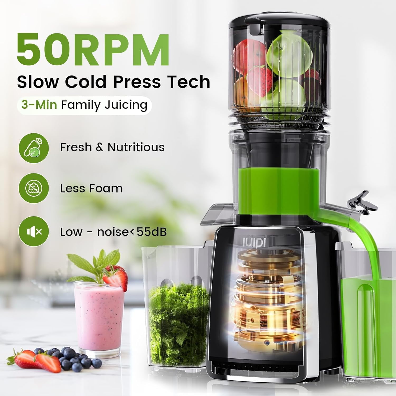 Cold Press Juicer Machines, 5.3" Large Feed Chute Slow Masticating Juicer, 99%  Yield, Ultra Quiet, Easy Clean,  – Ideal -Feeding Juicer for Whole Fruits & Vegetables (Black)