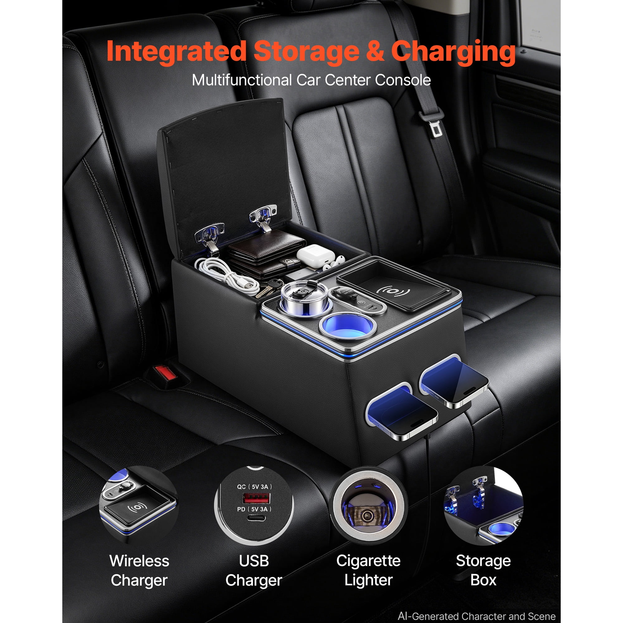 KFFKFF Universal Rear Bench Seat Center Console with Multi-Color Ambient Lighting, Wireless/USB/Cigarette Lighter Charging, Back Seat Organizer with Cup and Phone Holders for MPV, Sedan, SUV