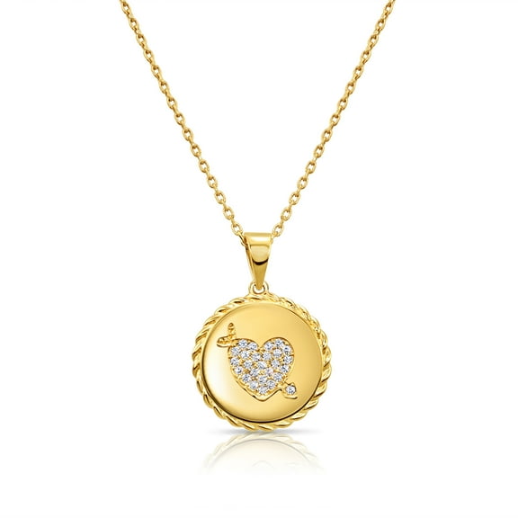Tilo Jewelry 14K Yellow Gold Dainty Pave Heart Disc Pendant Necklace with Cubic Zirconia CZ Stones for Women & Unisex | 18 Inch Cable Chain