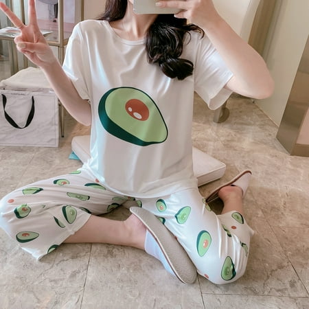 

New Homewear Short Sleeve Pajamas Set Cute Leisure Women Sleepwear 2Pcs Nightwear for Women Nightwear Long Loose Waist Pant