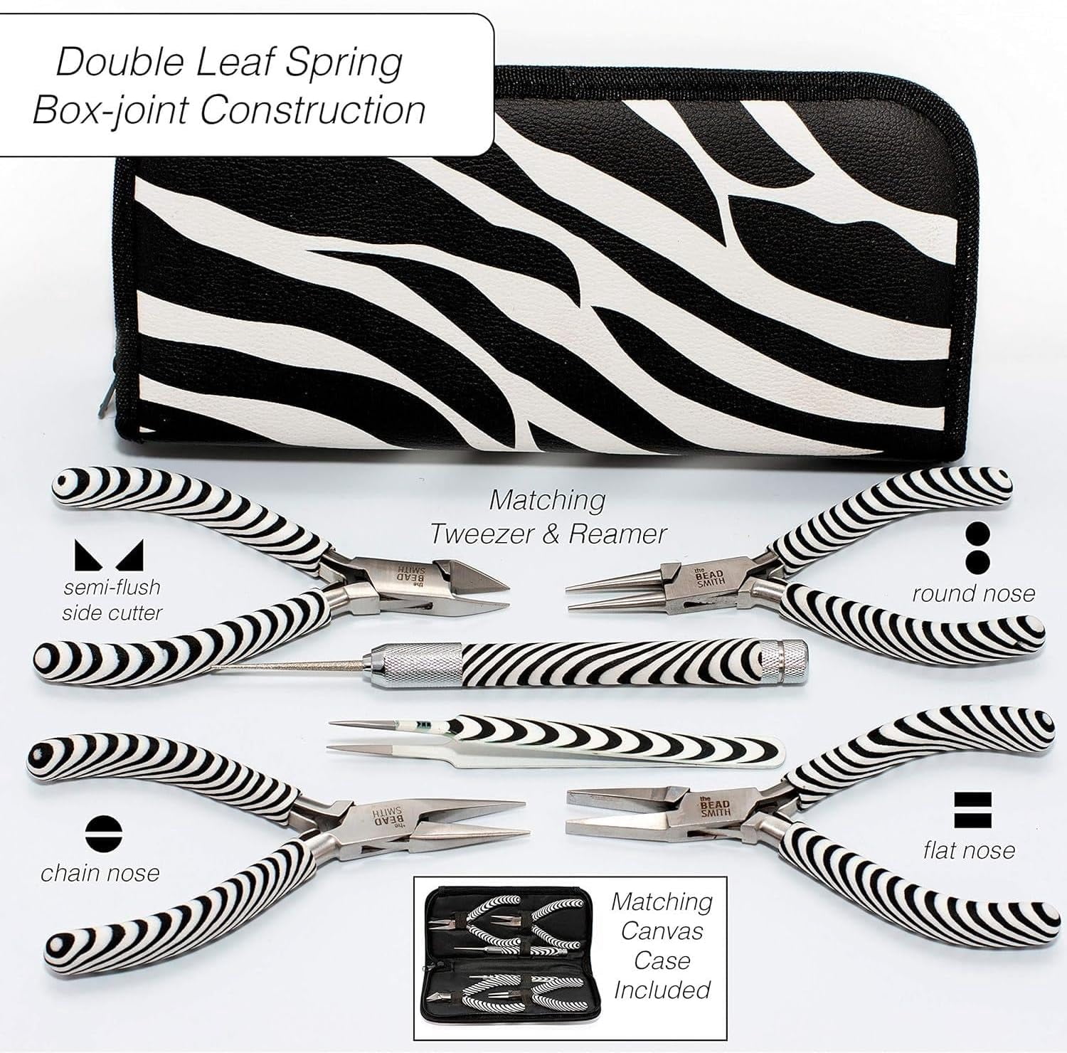 The Beadsmith Zebra Print Pliers – 5 Inch Tools, 6 Piece Kit: Chain Nose, Round Nose, Bent Chain Nose, Side Cutter, Tweezers & Reamer with Zippered Pouch – Tools Set for Jewelry Making