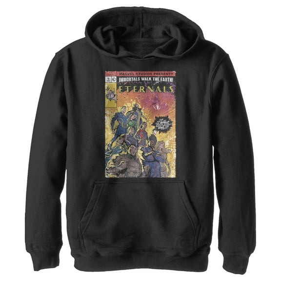 Boy's Marvel Eternals Retro Group Comic Book Cover  Pull Over Hoodie Black Medium