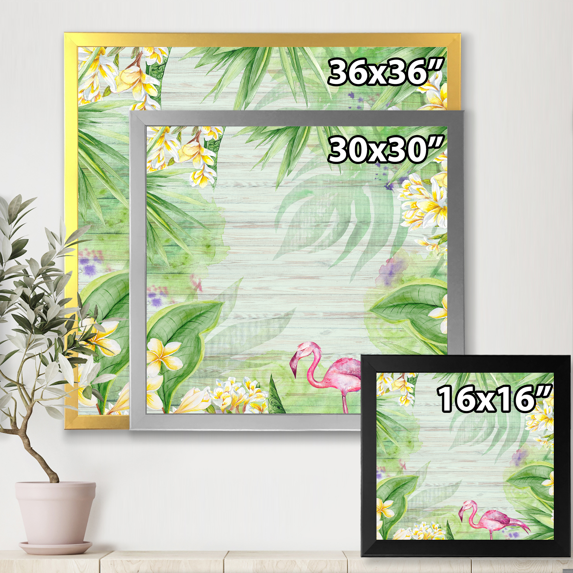Designart 'Yellow Flowers, Tropical Foliage With Flamingo I' Modern Framed Art Print