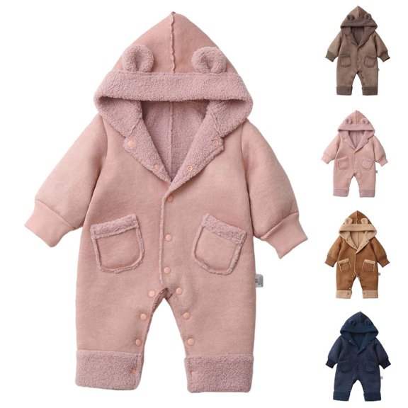 BXSRUTA Boys and Girls Hooded Thermal Fleece-Lined Romper for Outdoor Winter Activities with Gloves and Coat