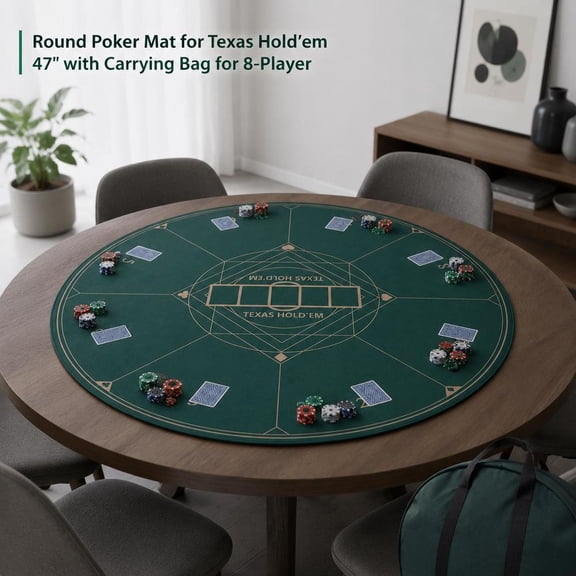 Round Poker Mat, Texas Hold'em Table Top, 47 Inch, 8-Player, Green, Rubber Base, Carrying Bag