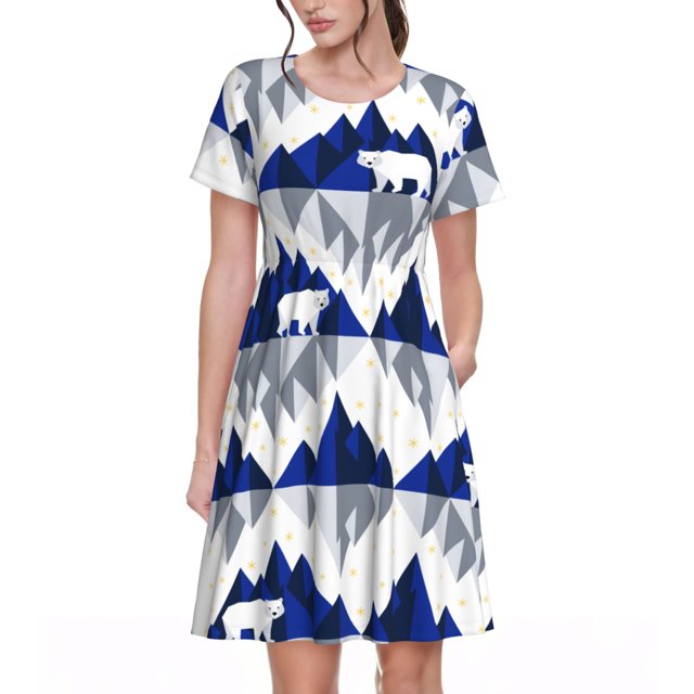 Easygdp Cartoon Iceberg Polar Bear para Vestido Transpirable de Mujer, Vestido Suelto de Manga Corta con Pliegues y Bolsillos para el Verano