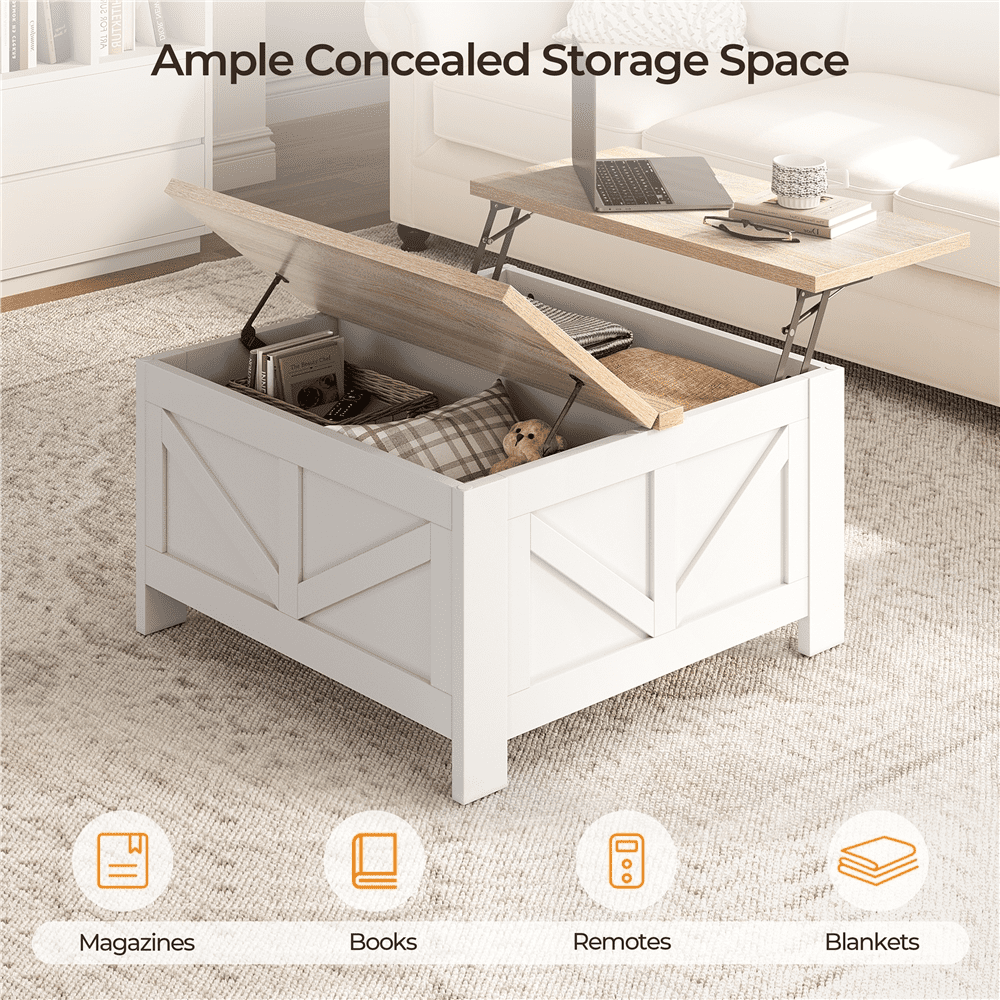 Alden Design Farmhouse Square Lift Top Coffee Table with Hidden Compartments, White & Light Oak