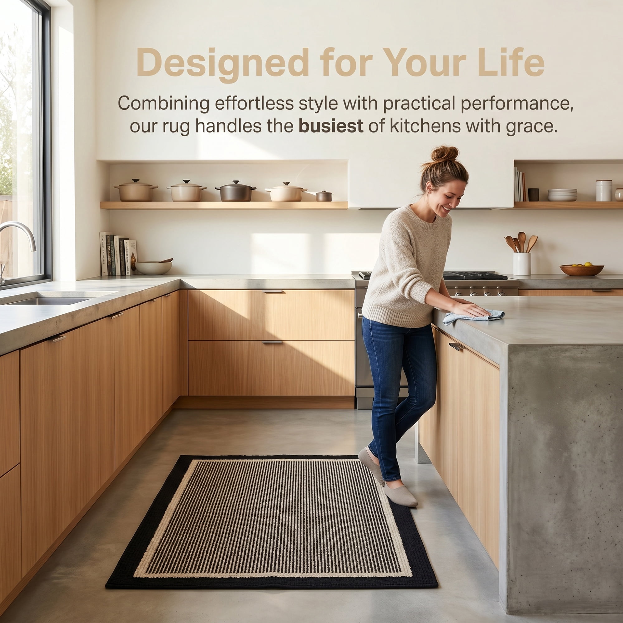 Unique Bargains Striped Polypropylene Non-Slip Absorbent Kitchen Rug Black 35" x 24"
