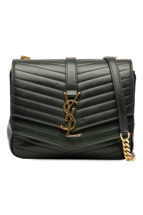 Pre-Owned Saint Laurent logo chain shoulder bag in green and gold leather for women. (Good)