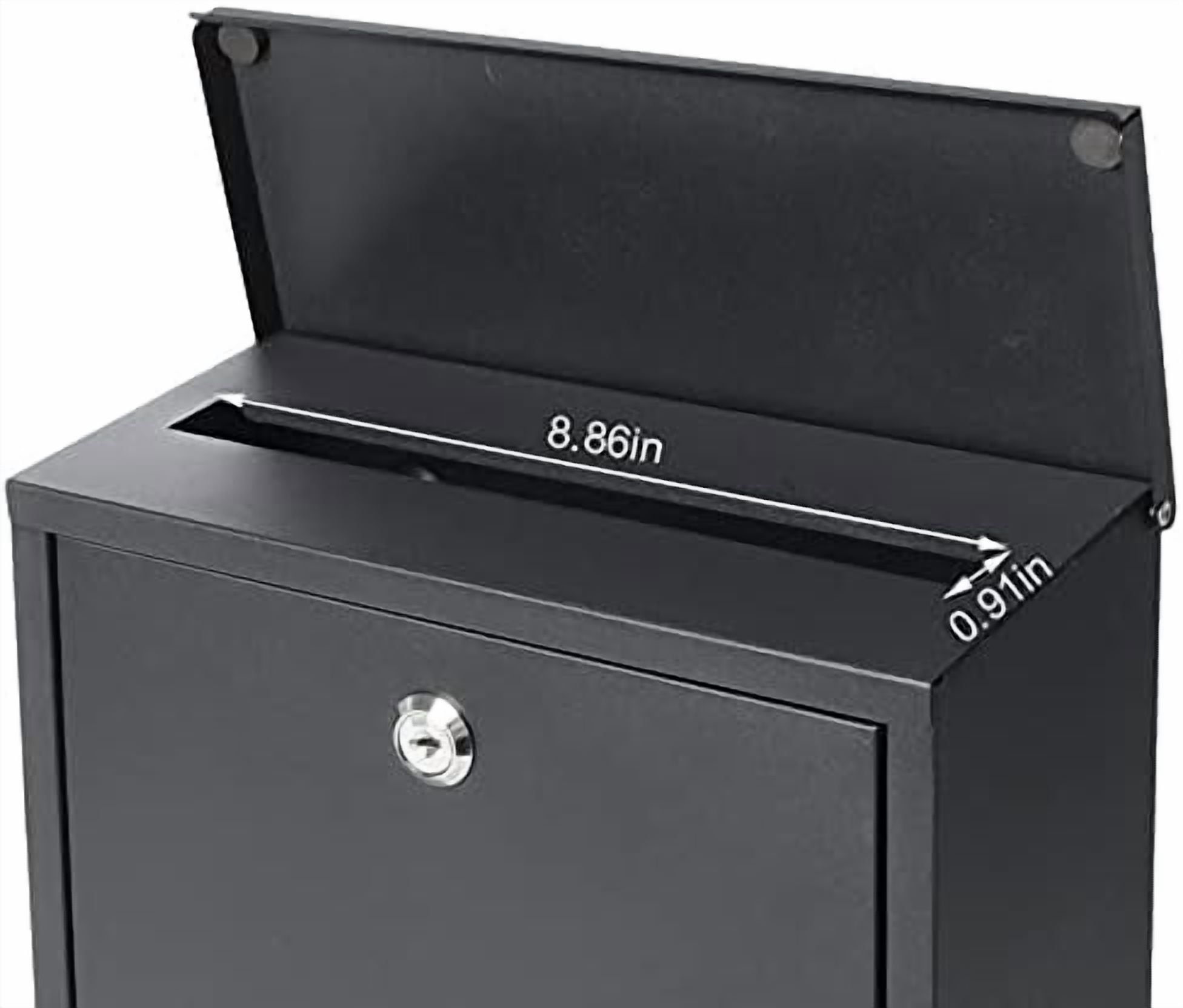 Locking Mailbox Wall Mount Key Lock Drop Box Large Capacity with Galvanized Steel Cover and Rust-Proof Metal Post Box, Black Matt, SM-0702LK,Medium