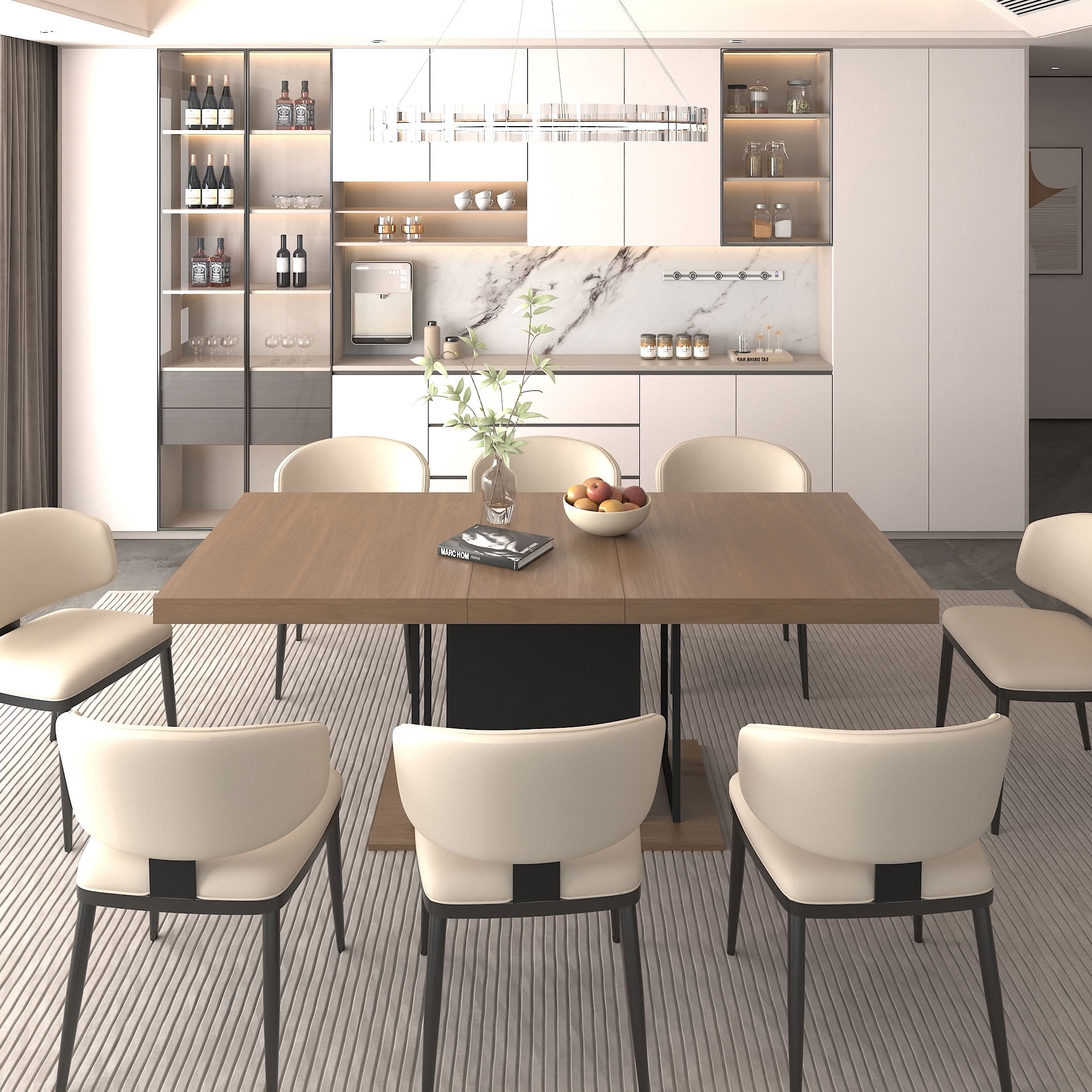 MAYEERTY Extendable Rectangular Dining Table for 6-10 People, Expandable Kitchen Table with Built-In Hidden Extension Leaf, for Dining Room, Kitchen, Apartment, Dinner Party