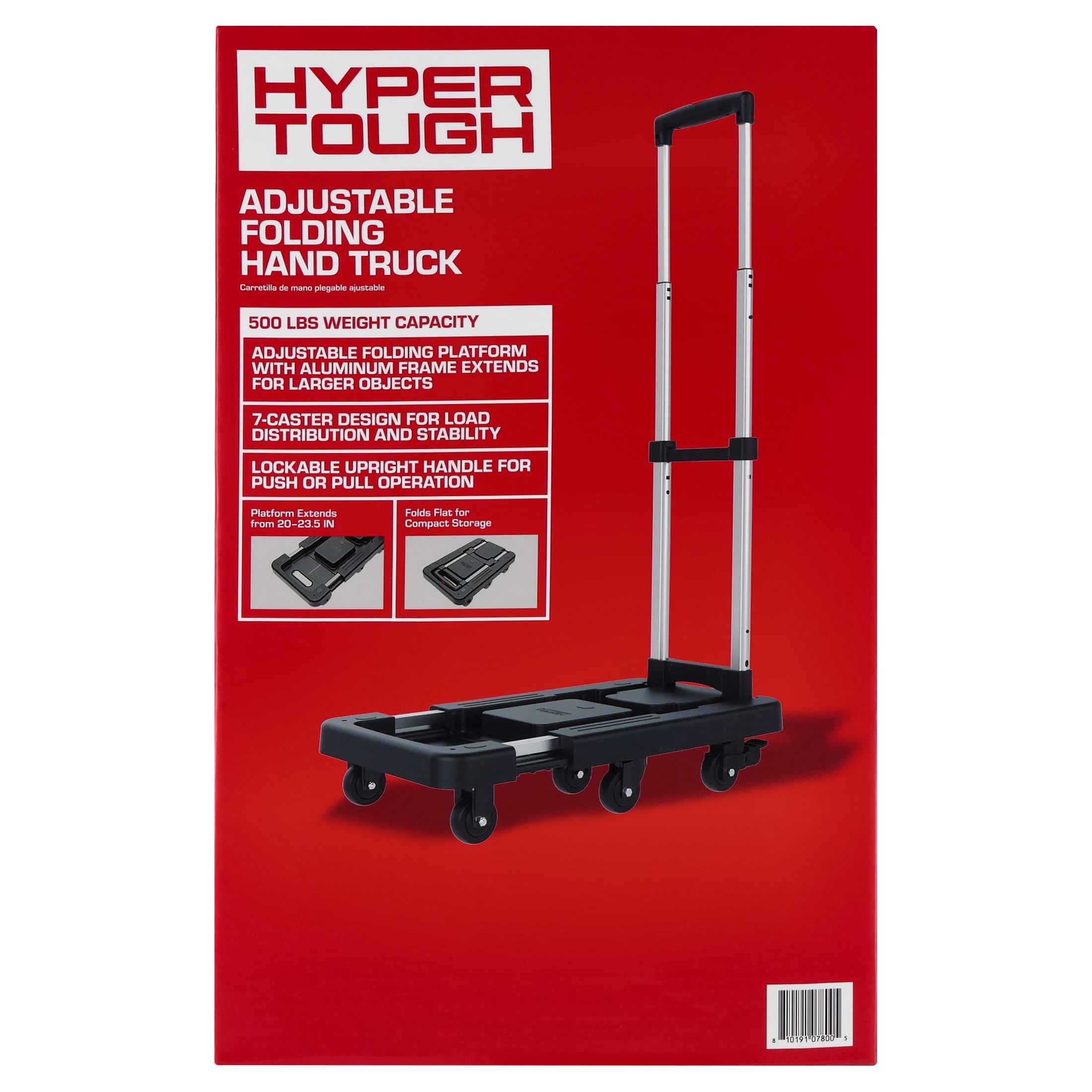 Hyper Tough Adjustable Folding Hand Truck with Aluminum Frame, 500 lb Capacity