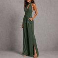 thumbnail image 6 of TOUMENY Fall Jumpsuits for Women Wide Leg High Waist Ruched Drawstring Jumpsuit V Neck Sleeveless Bohemian Loose Romper Green L, 6 of 6