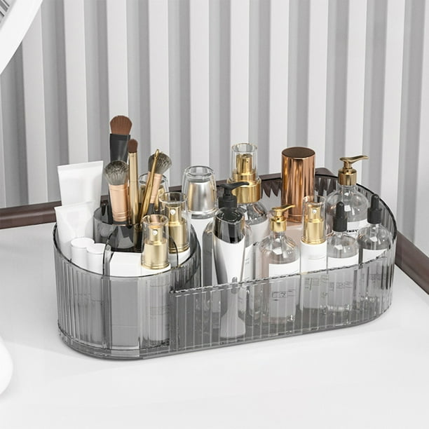 Bandeja Organizadora de Maquillaje Giratoria de 360° | Caja de Plástico Gris Transparente con Compartimentos | Gran Capacidad para Guardar Cosméticos, Pinceles y Brillo de Labios | Organizador de Bañ