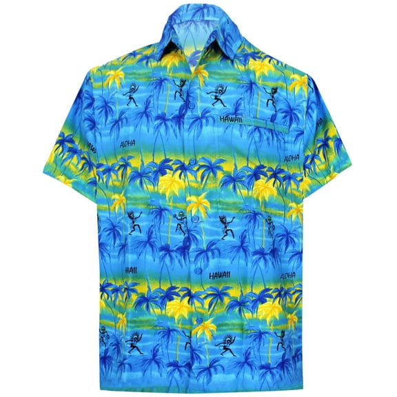 HAPPY BAY Men's Aloha Beach Shirts Casual Short Sleeve Button Down Shirts Hawaiian Shirt for Men M Palm Tree Shadows, Blue