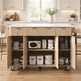 thumbnail image 2 of 55.5'' Kitchen Island with Storage, Rolling Kitchen Cart with Drop Leaf, Power Outlet USB Port, 4 Doors 3 Drawers, Faux Marble Top, Fluted Design, Natural, 2 of 15