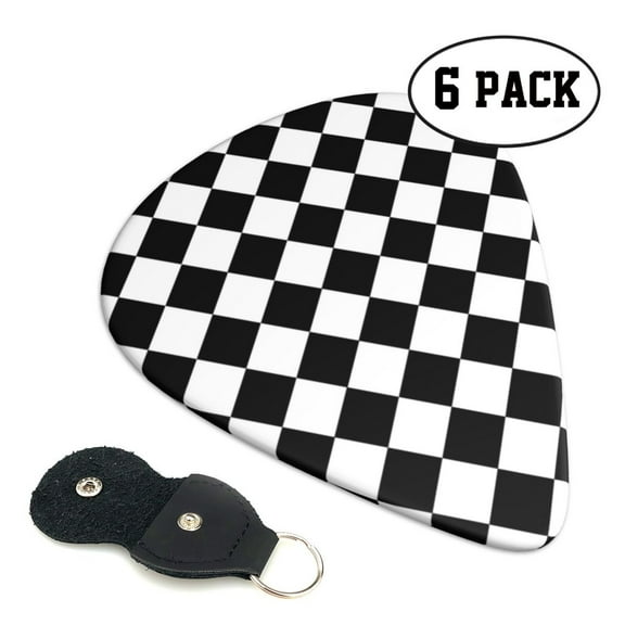 6 Pack White And Black Checkered Pattern Guitar Picks In Leather Picks Holder For Bass Electric Acoustic Guitars