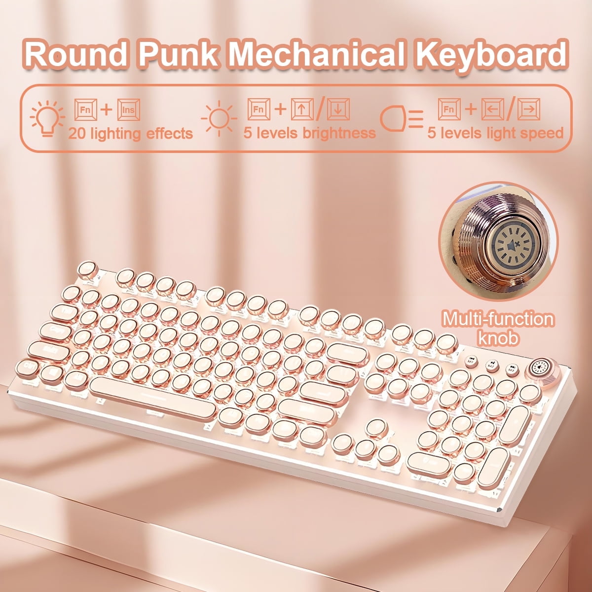 Hnjugfe Typewriter-Style Mechanical Gaming Keyboard with Backlit Keys, Beige, New, 1 Count