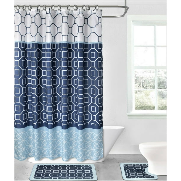 LUSH DECOR 15PC BATHROOM SET DIAMOND BOHEMIAN STRIPE PATTERN NAVY/LIGHT