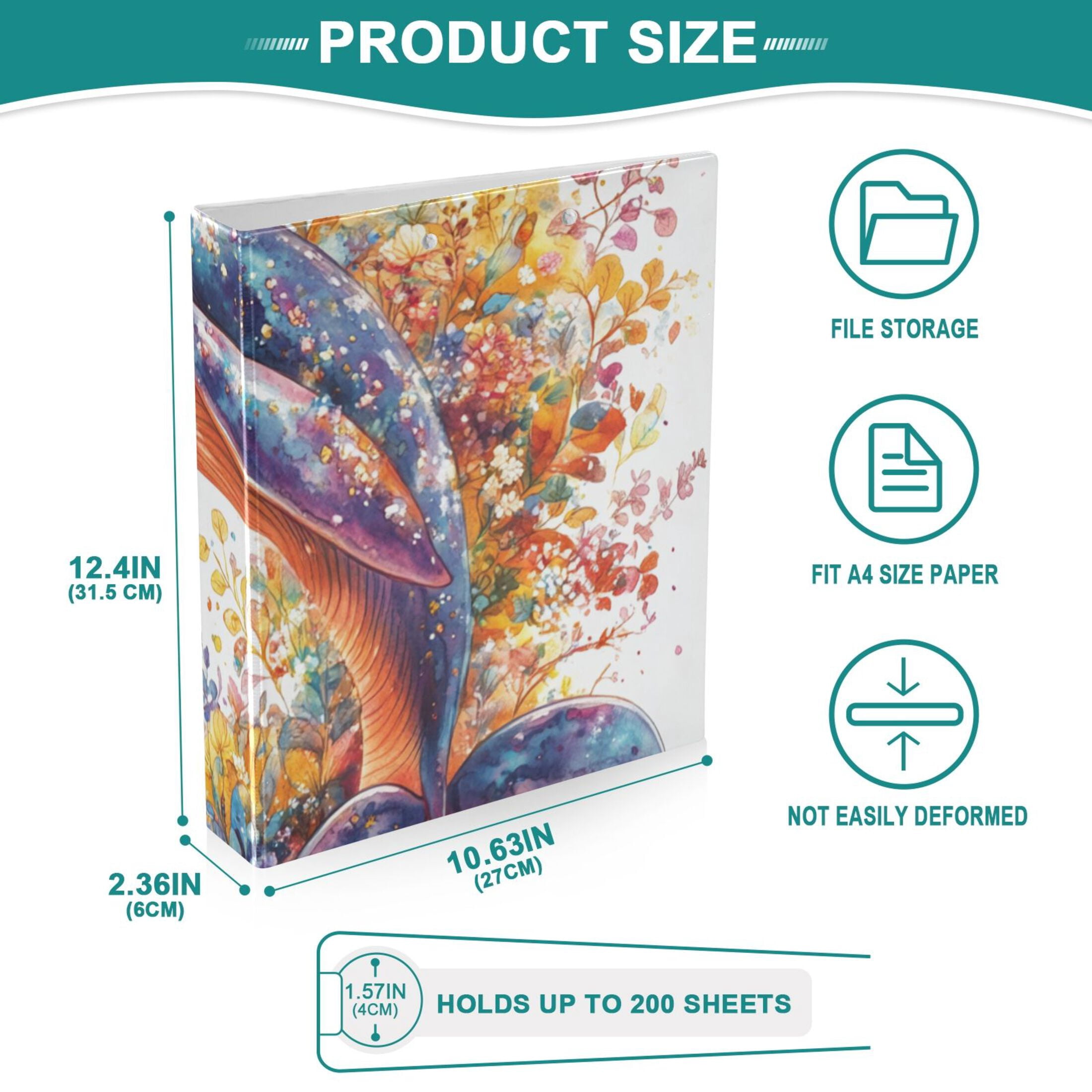 Whale and Flowers Leaves 3 Ring Binders 1.5 inch Hardcover File Folders with Interior Pockets A4 Size Organizer for School Office Hospital
