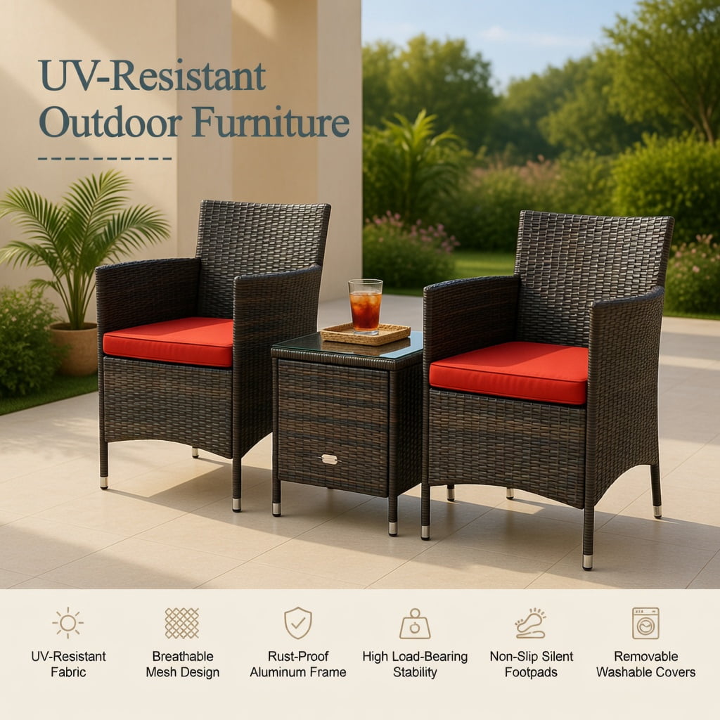Hommoo 3-Piece Outdoor Wicker Patio Furniture Set with Cushioned Chairs & Tempered Glass Coffee Table, Red