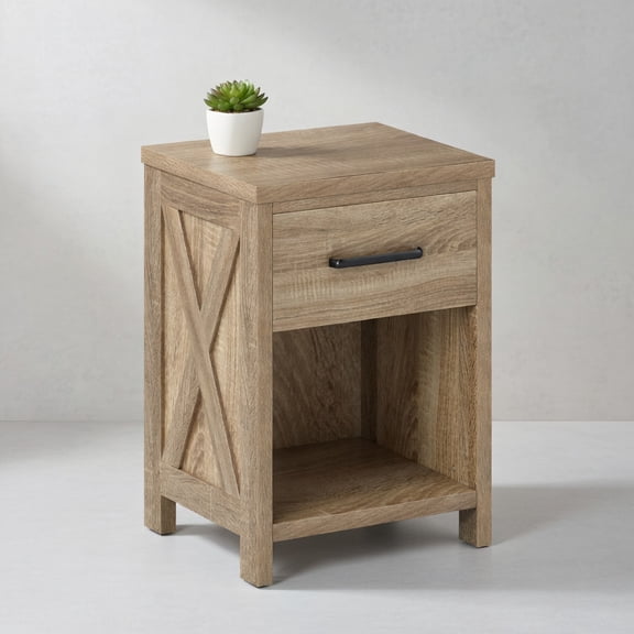 Resenkos Timeless Nightstand – Integrated Drawer & Open Shelf, Versatile Storage for Bedroom, Antique Brush White Natural