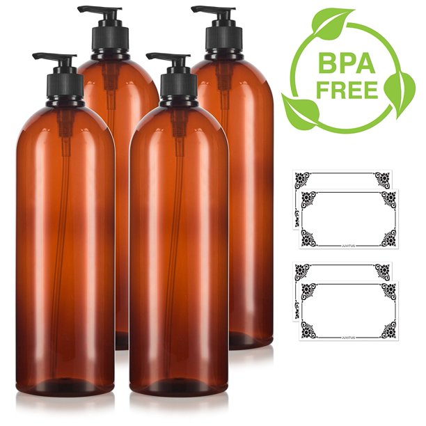 Download Amber 32 oz Large Boston Round PET Bottles (BPA Free) with Black Lotion Pump (4 pack) + Labels ...