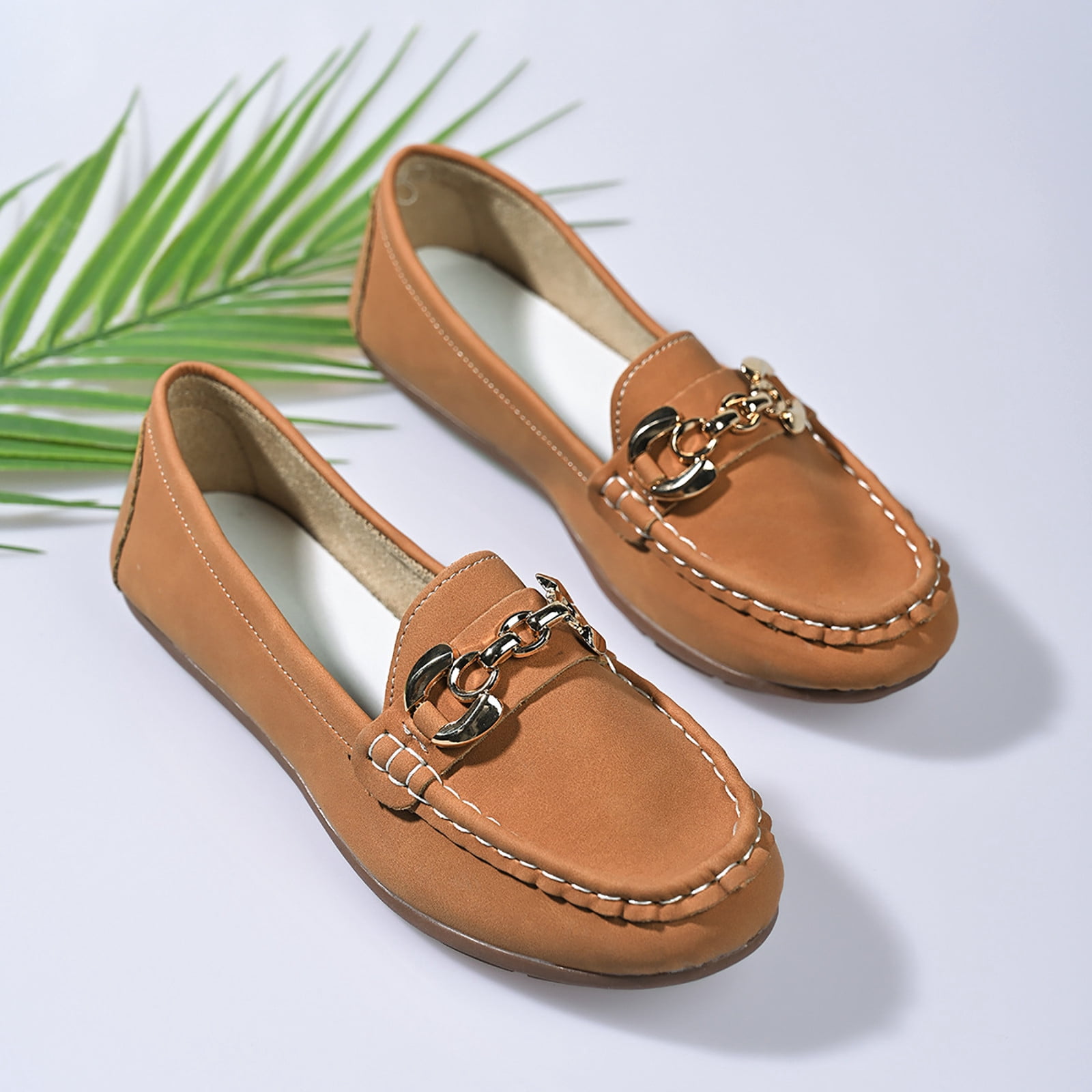 Women's Loafers Wide Width, French Style Suede Metal Chain Flats for Women, Soft Sole Slip-On Casual Shoes, Brown/Teal/Red/Multi-Color