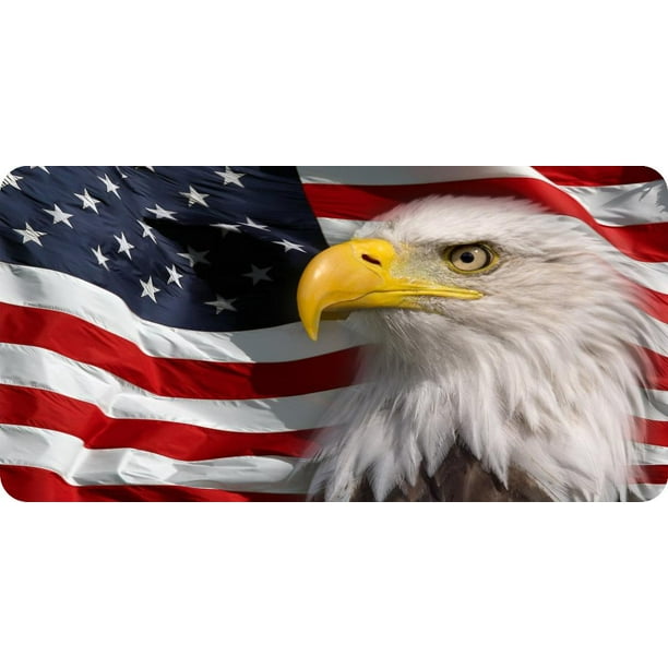 Bald Eagle On Wavy American Flag Photo License Plate