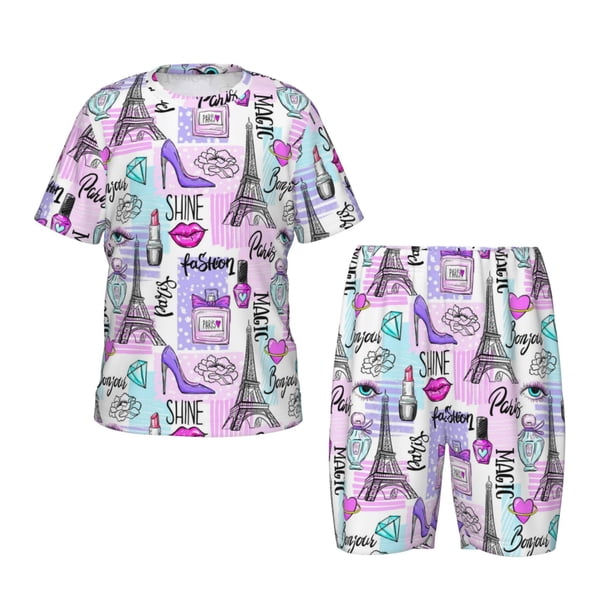 Balery Eiffel Tower and Hearts Conjunto de Pijama Infantil de Manga Corta con Estampado – Ropa de Dormir de Algodón Suave-3X-Large