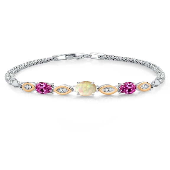 925 Silver and 10K Yellow Gold White Ethiopian Opal and Pink Created Sapphire and White Lab Grown Diamond Bracelet for Women (1.57 Cttw, Gemstone October Birthstone, Oval, Wheat Chain, 7.5 inches)