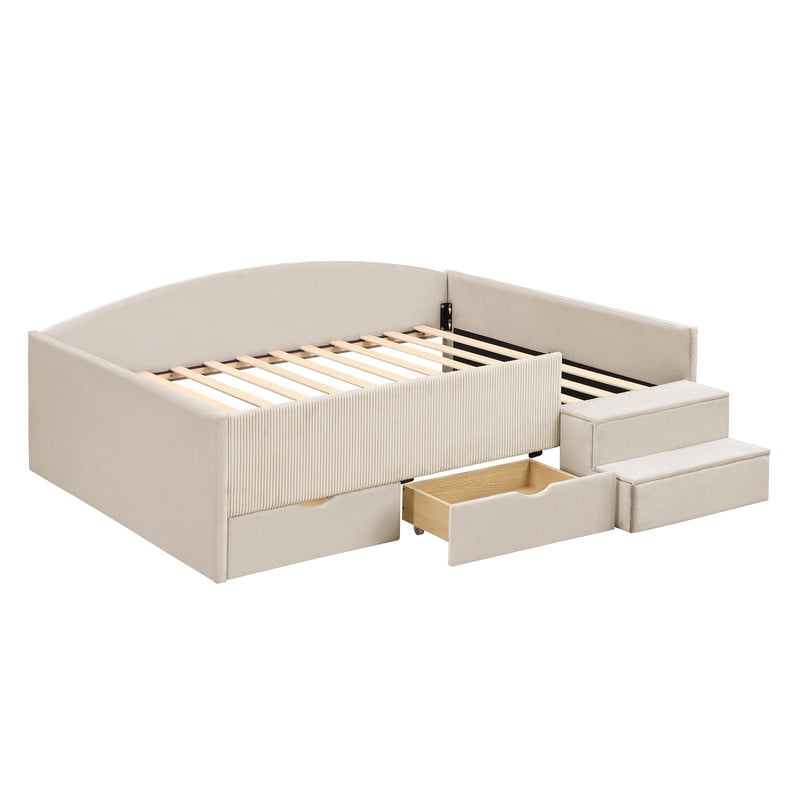 Full Size Kids Daybed Frame with Small Stair & 2 Storage Drawers, Velvet+Corduroy Dual Upholstered Accent Platform Bed