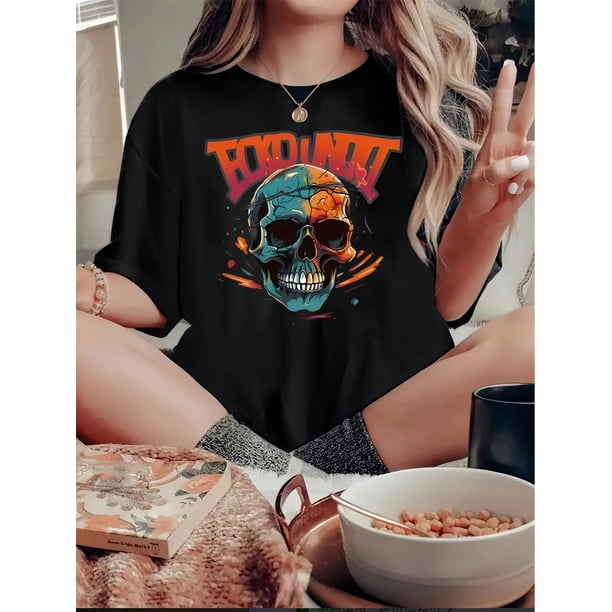 Women's Trendy Skull Graphic Tee - Casual Crew Neck Short Sleeve, Stretchy Polyester Blend, Machine Washable - Perfect for Summer & Casual Attire