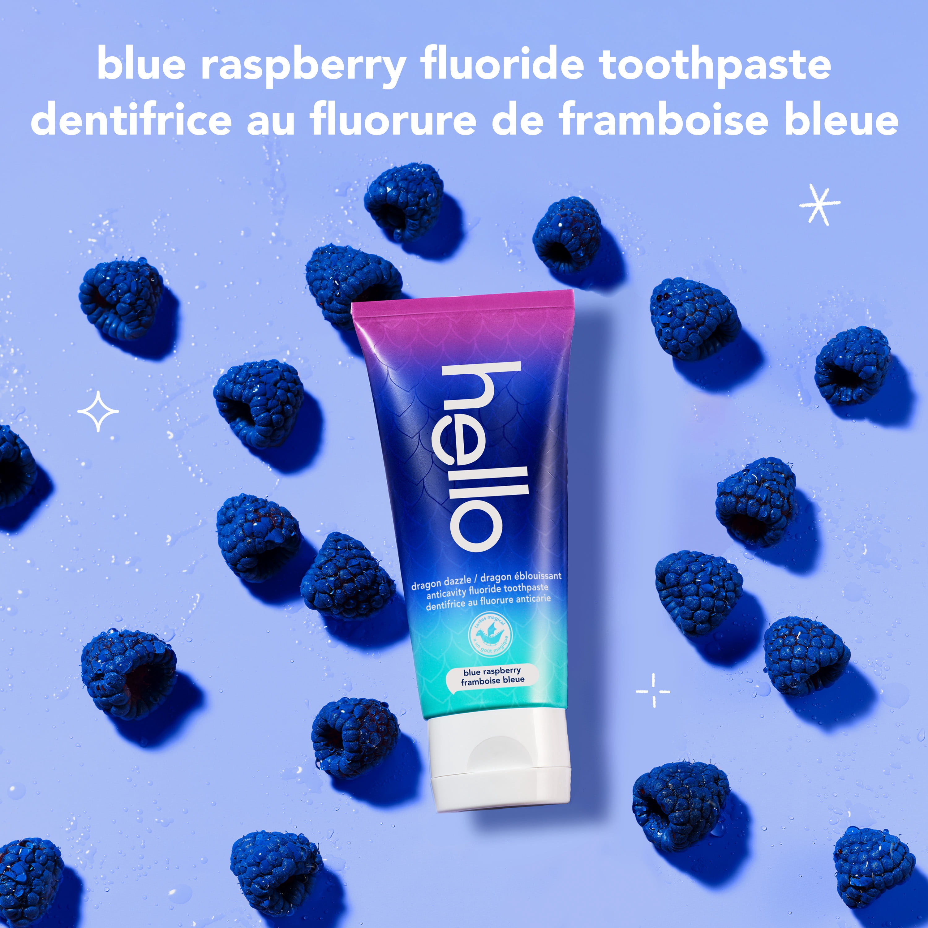 Dentifrice pour enfants Hello Dragon Dazzle au fluorure, dentifrice à la framboise bleue, tube de 199 g