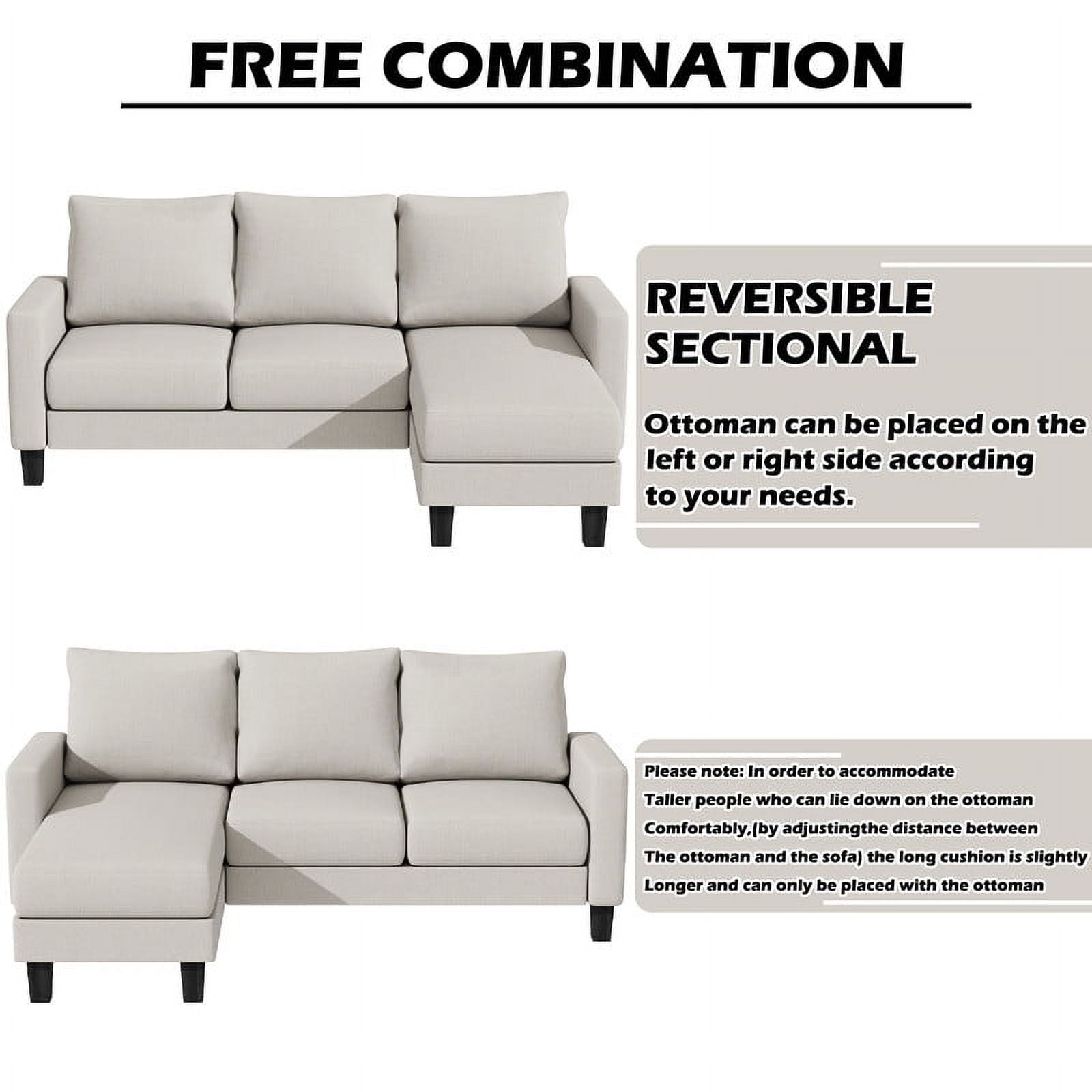Homall Convertible Sectional Sofa Couch, Modern Linen Fabric L-Shaped Couch 3-Seat Sofa Sectional with Reversible Chaise for Small Living Room, Apartment and Small Space, White