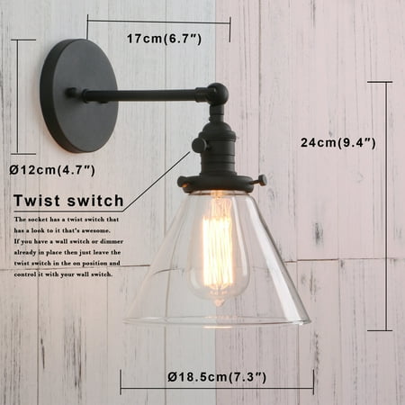 

Permo Industrial Vintage Single Sconce with Funnel Flared Glass Clear Glass Shade Wall Lamp Bathroom Vanity Light Fixture (Black)