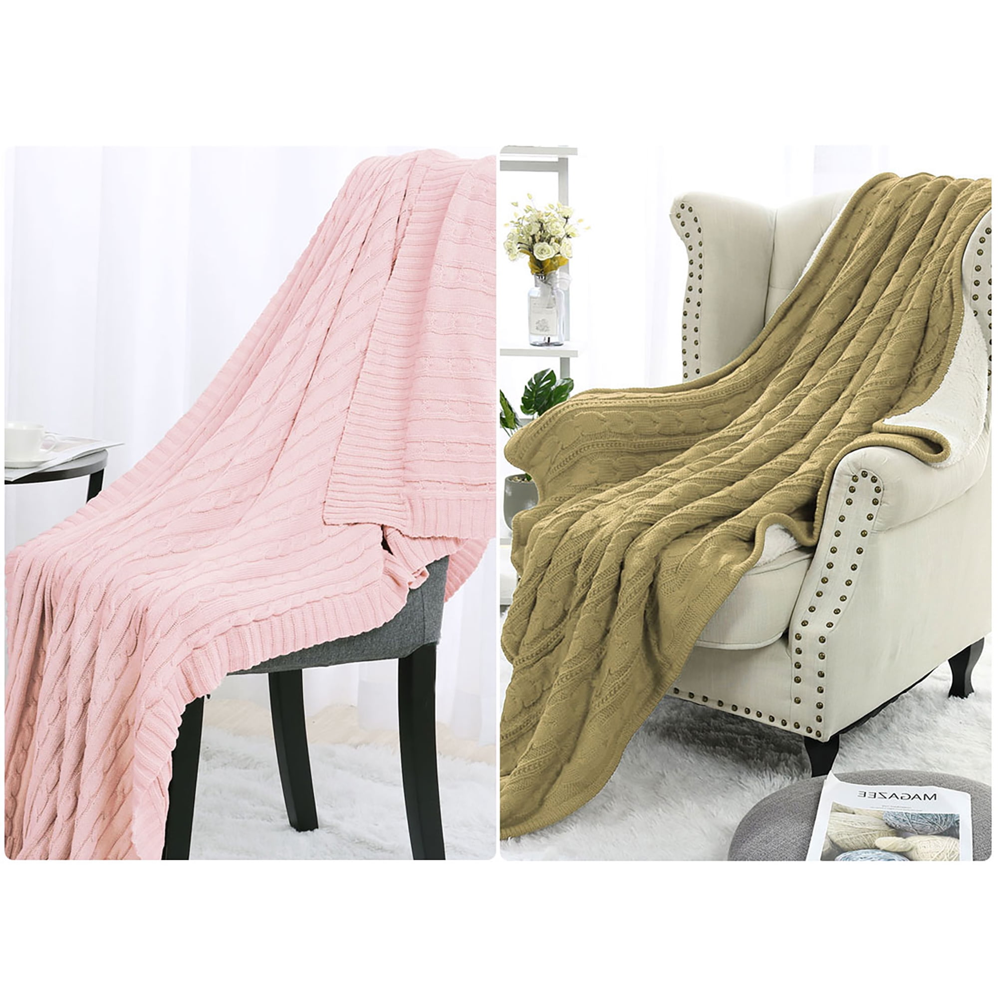 Cable Knit Sherpa Throw Blanket Sofa Home Decor 100 Cotton ...