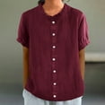 thumbnail image 2 of New summer arrivals Olyvenn Short Sleeve Linen Shirts Women's Cotton Linen Button Ruffled Shirts 2025 Summer Loose Stand Collar Casual Boho Tops Wine S, 2 of 6