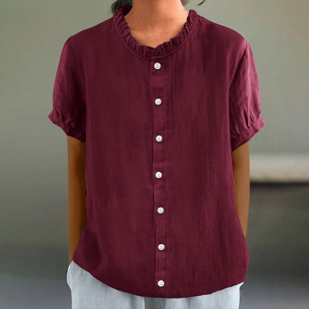 mfyjkho Tops Y Blusas Para Mujer, Blusa Informal De Manga Corta Con Cuello Redondo Y Botones De Encaje Liso Para Mujer Tops De Gimnasio Para Mujer Xl