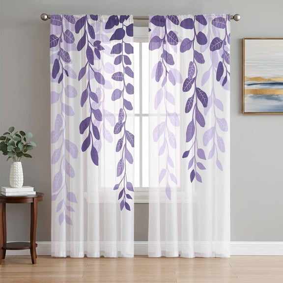 Purple Ombre Botanical Semi Sheer Window Curtains 72 Inches Long, Watercolor Country Pastoral Leaf Rod Pocket Voile Silky Chiffon Curtain Light Filtering Drapes for Living Room, 52"x72", 2 Panels