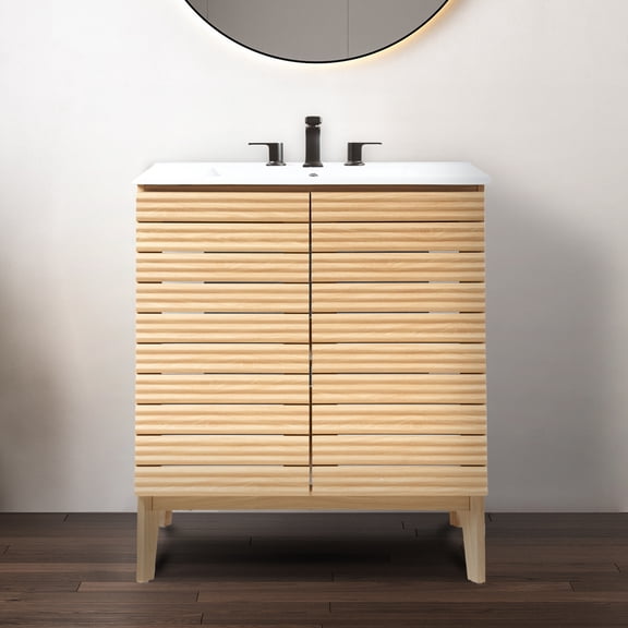 JONATHAN Y Calandre 30 in. W x 18 in. D x 33 in. H, Thin Linear Slat 2-Shelf, Bath Vanity Cabinet ONLY, Oak, VAN1006A