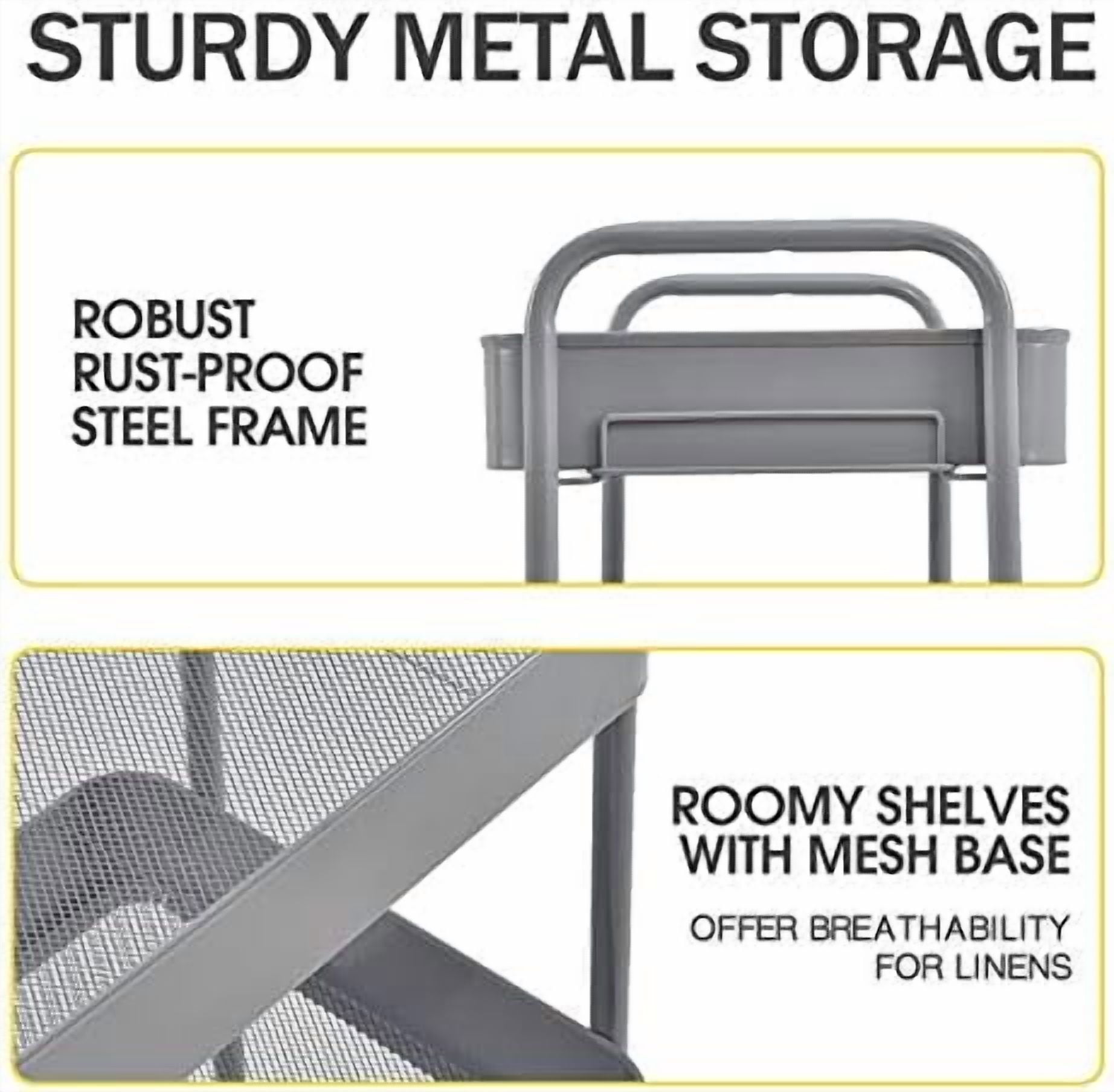 3-Tier Metal Rolling Cart with Wheels, Storage Utility Organizer Cart for Kitchen, Bathroom, Office, Baby Essentials & Makeup - Lockable Casters, Easy Assembly, Large Capacity, Gray