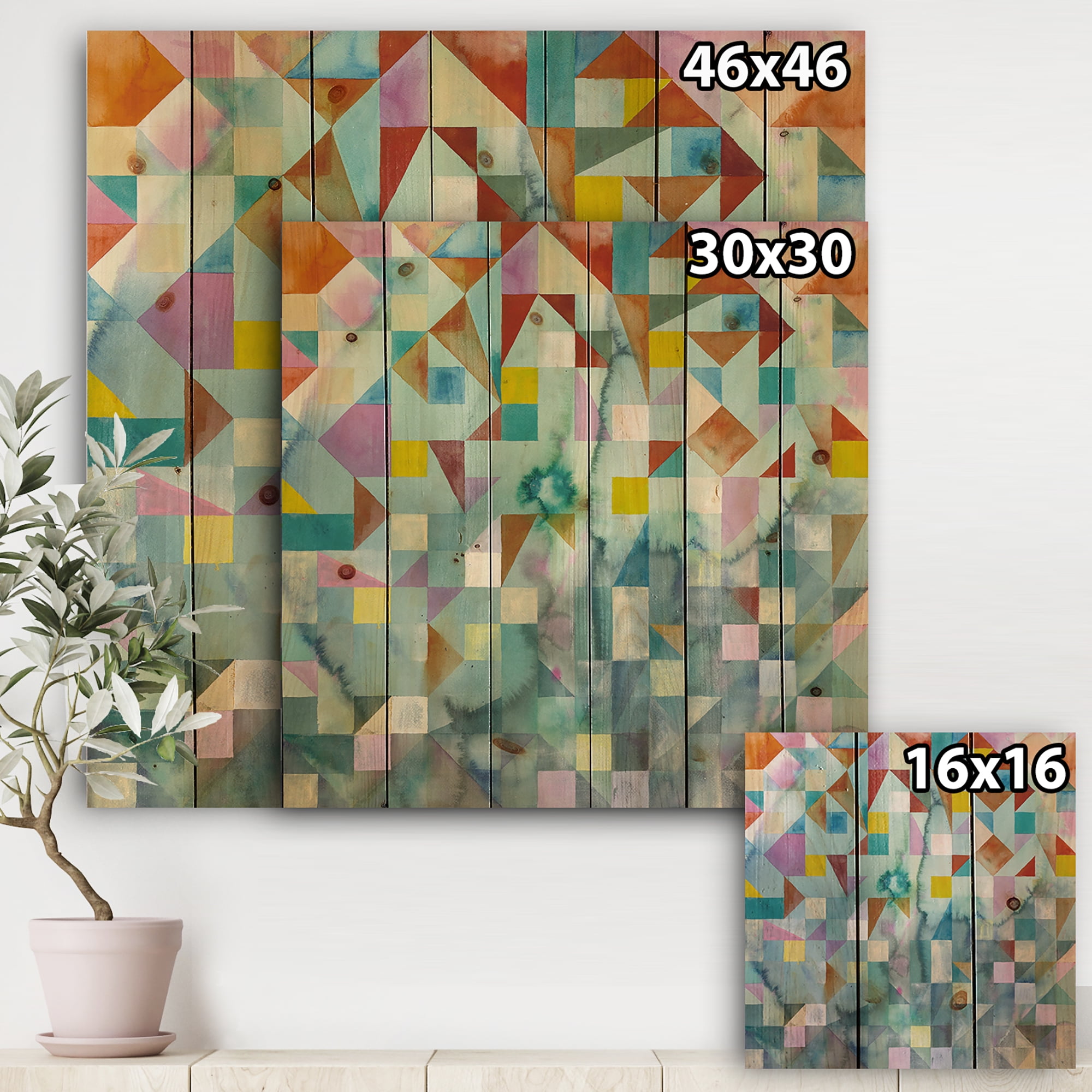 Designart 'Modern Mix Color Patchwork' Modern & Contemporary Print on Natural Pine Wood