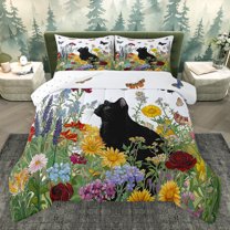 Homewish Lovely Black Kitten Bedding Comforter Set,Retro Rustic Flower Twin Comforter Sets,Country Butterfly Bedding Set For Girls Boys,Luxury Bedroom Decor Reversible,2-Piece