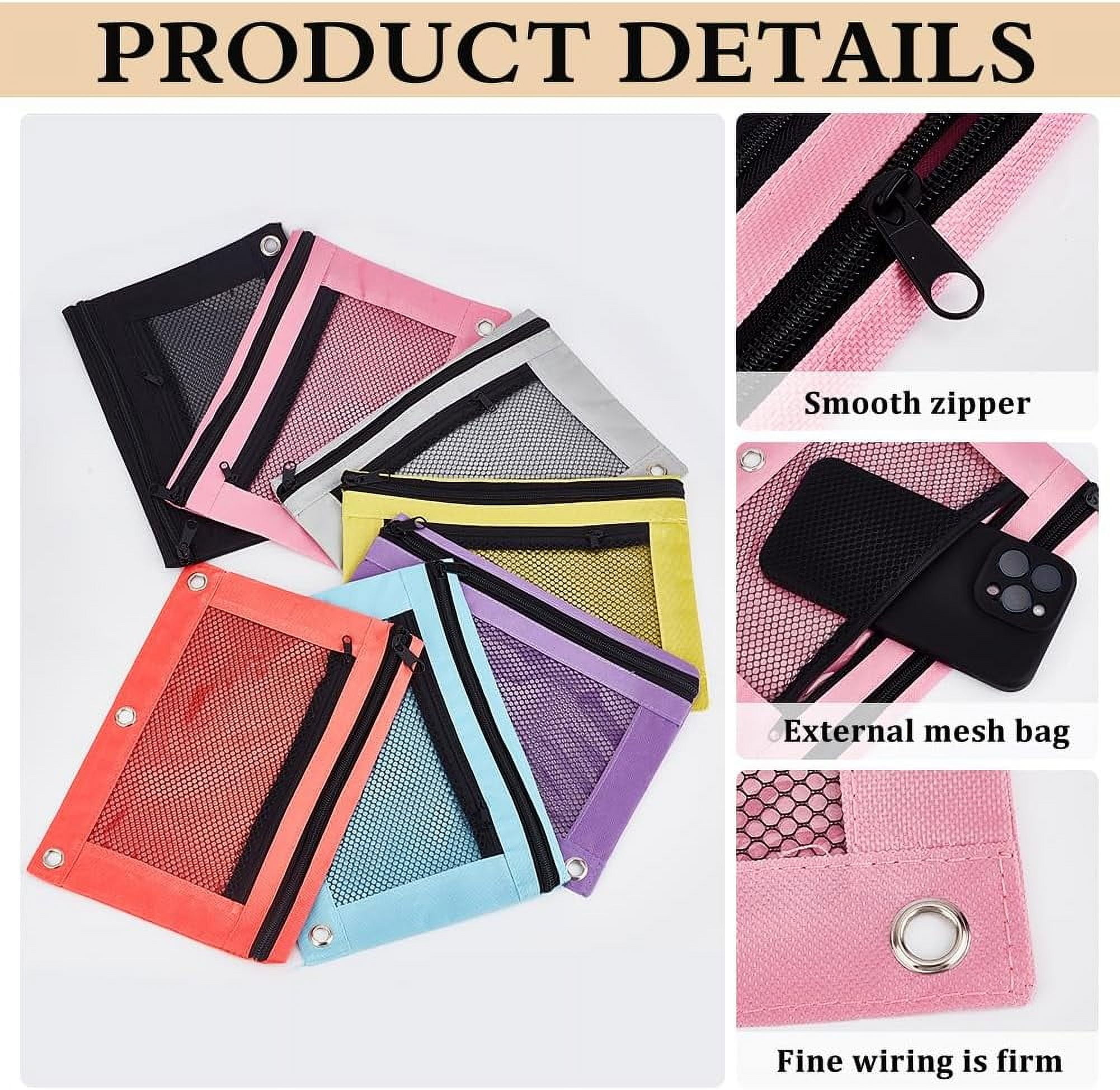 7 Colors Pencil Pouches Zippered for 3 Ring Binder with Smooth Zippers Dual-Pockets Mesh Window Pencil Case Cosmetic Bag Organizer for Storing Classroom Office Home Stationery Supplies